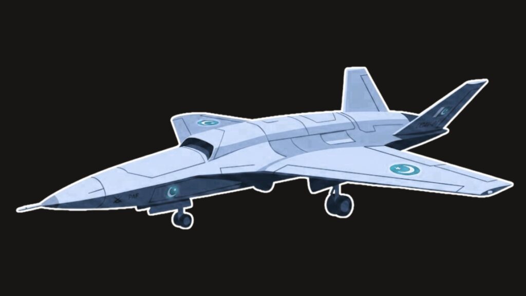 Blue-gray fighter jet illustration with Pakistan Air Force roundels, shown from the side against a black background.