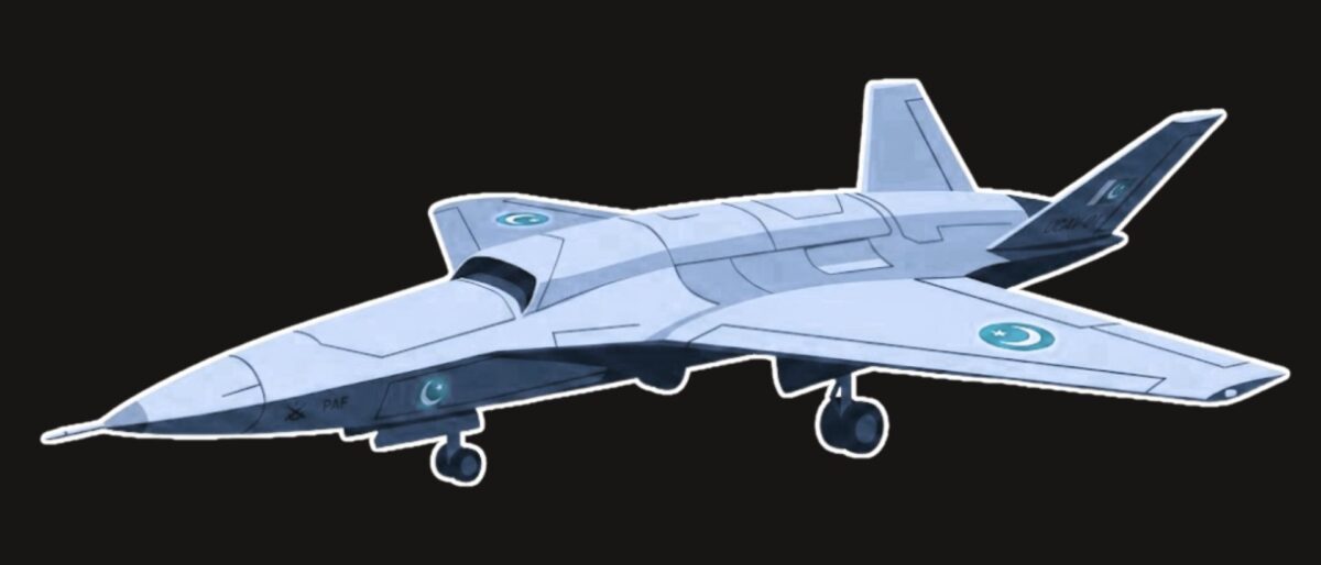 Blue-gray fighter jet illustration with Pakistan Air Force roundels, shown from the side against a black background.