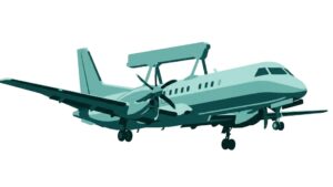 Teal stylized turboprop airplane with landing gear extended and propellers visible