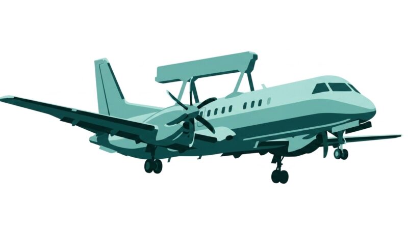 Teal stylized turboprop airplane with landing gear extended and propellers visible