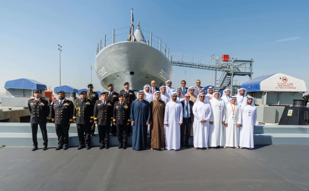 AL NOUKHITHA (P 6202), the first Al Dorra-class missile boat for the Kuwait Naval Force, at its launch ceremony at ADSB's Abu Dhabi shipyard on 3 February 2026