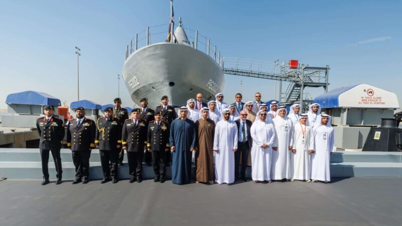 AL NOUKHITHA (P 6202), the first Al Dorra-class missile boat for the Kuwait Naval Force, at its launch ceremony at ADSB's Abu Dhabi shipyard on 3 February 2026