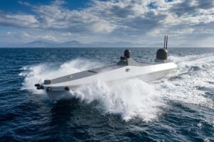 Aselsan Tufan expendable kamikaze unmanned surface vessel (USV) at high speed, designed for swarm strike operations against maritime and coastal targets for the Turkish Navy
