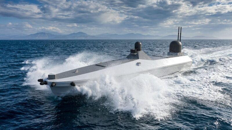 Aselsan Tufan expendable kamikaze unmanned surface vessel (USV) at high speed, designed for swarm strike operations against maritime and coastal targets for the Turkish Navy