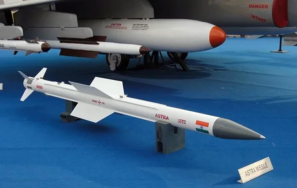 DRDO Astra Mk1 beyond-visual-range air-to-air missile system displayed at an Indian defence exhibition