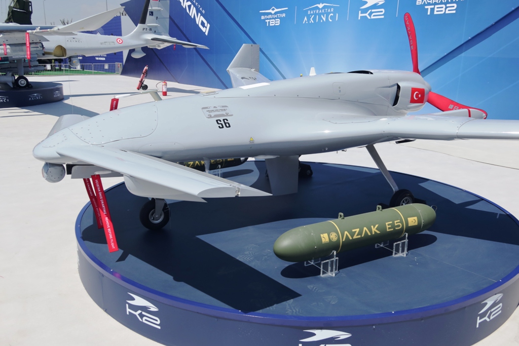 Baykar K2 Kamikaze UAV full-scale model outdoor display SAHA 2026 Istanbul defence exhibition loitering munition 200 kg payload swarm-capable