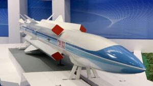 CM-302 supersonic anti-ship cruise missile on display at a Chinese defence exhibition, showing four air intakes and ramjet profile