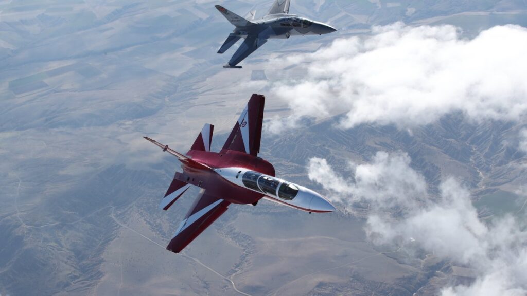 TAI Hürjet advanced jet trainer aircraft in formation flight over Türkiye during flight testing for the SAETA II export program to Spain