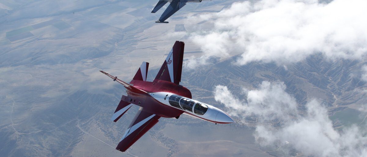 TAI Hürjet advanced jet trainer aircraft in formation flight over Türkiye during flight testing for the SAETA II export program to Spain