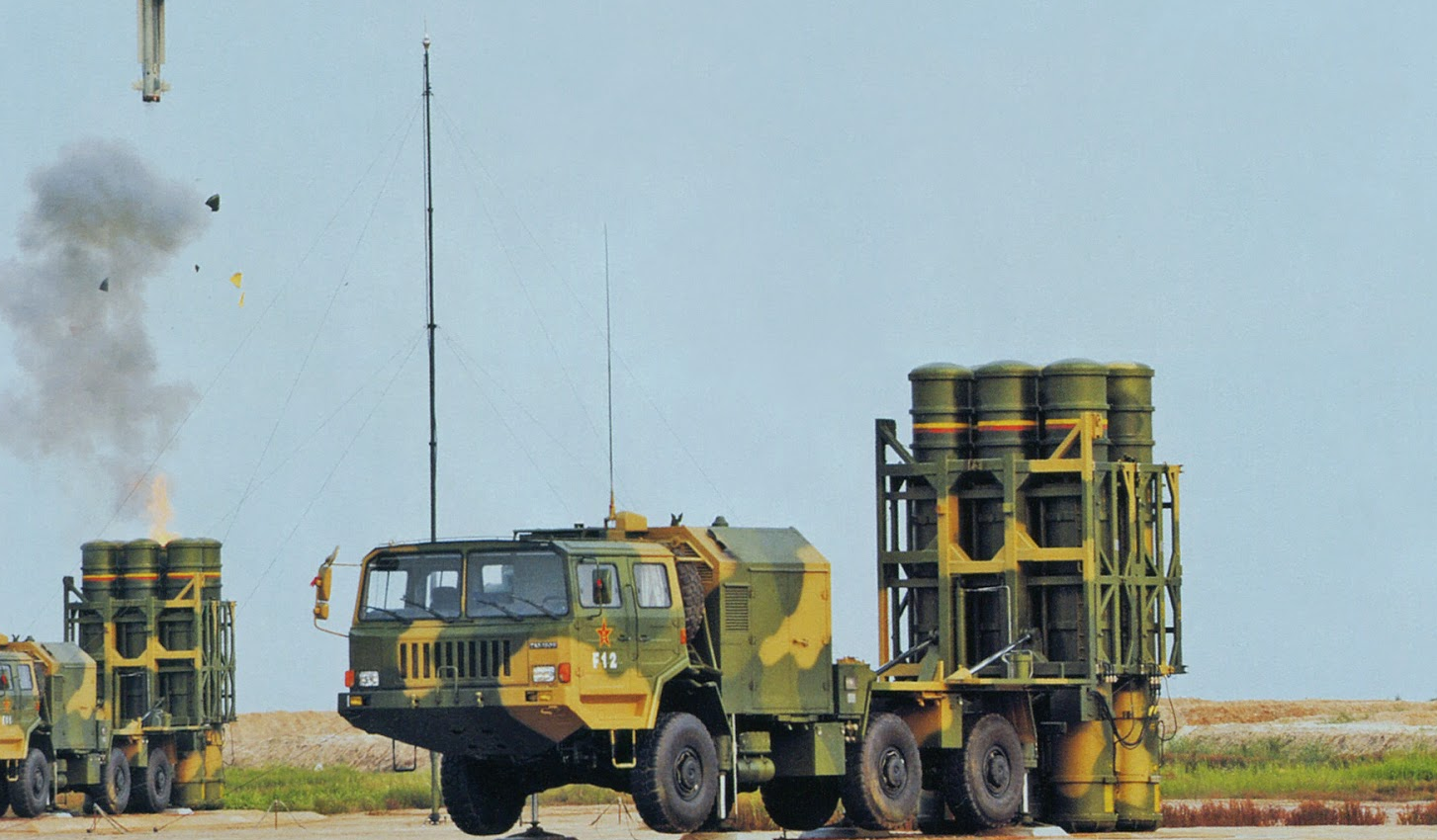 HQ-16 medium-range surface-to-air missile system six-cell vertical launch TEL at Chinese defence exhibition, showing the transporter-erector-launcher configuration with cold-launch vertical missile canisters used by the PLA Ground Force and exported as the LY-80 to Pakistan