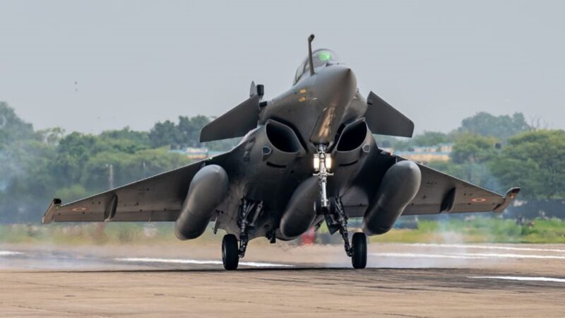 Indian Air Force Dassault Rafale fighter aircraft touching down at Air Force Station Ambala, India
