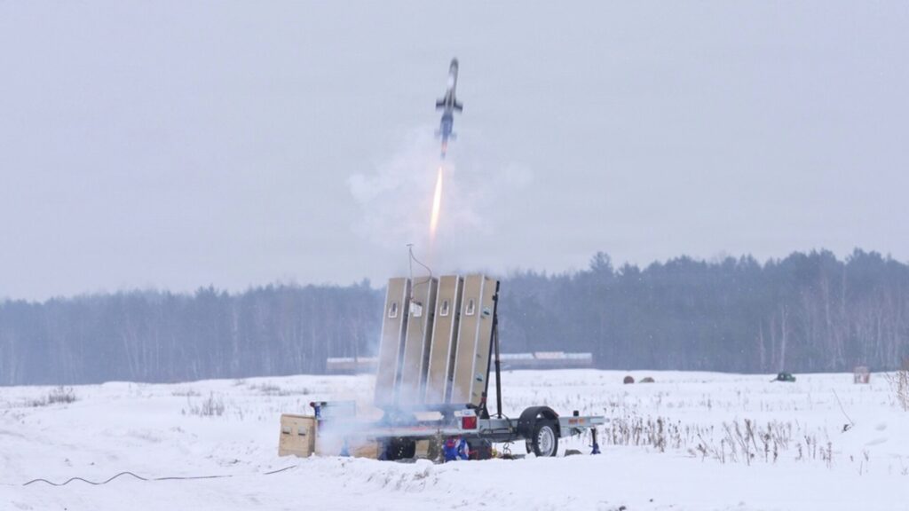An IonStrike counter-UAS interceptor launches from a multi-cell launcher during Project Bullfrog testing at an undisclosed location in Europe on 4 February 2026