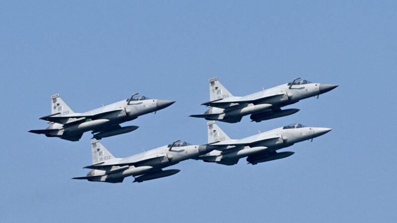 four-ship formation of JF-17 Thunder fighter aircraft, photo used for article on Pakistan's conventional strike posture and national security policy.