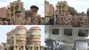 Pakistan Army LY-80 (HQ-16) medium-range surface-to-air missile system during induction ceremony, showing vertical launch TEL configuration with six-cell missile canister and ISPR-released imagery of the Chinese-made SARH-guided SAM system