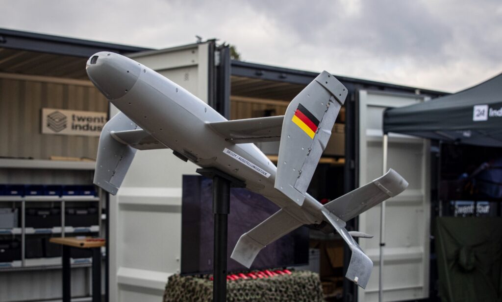 Perennial Autonomy AS3 Surveyor Merops counter-drone interceptor displayed by Twentyfour Industries at a defence exhibition in Germany