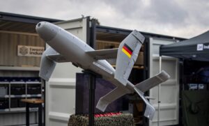 Perennial Autonomy AS3 Surveyor Merops counter-drone interceptor displayed by Twentyfour Industries at a defence exhibition in Germany