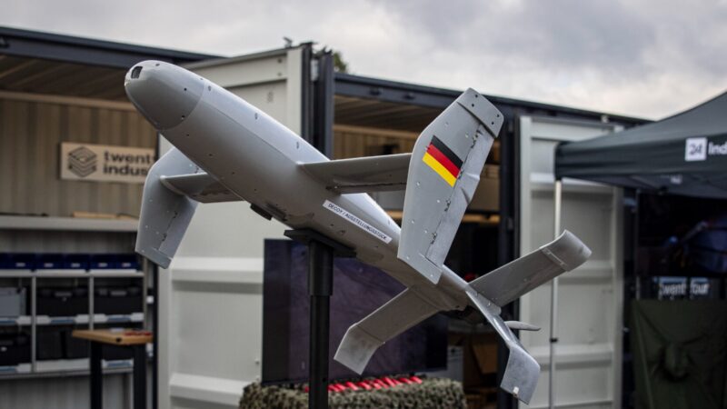 Perennial Autonomy AS3 Surveyor Merops counter-drone interceptor displayed by Twentyfour Industries at a defence exhibition in Germany