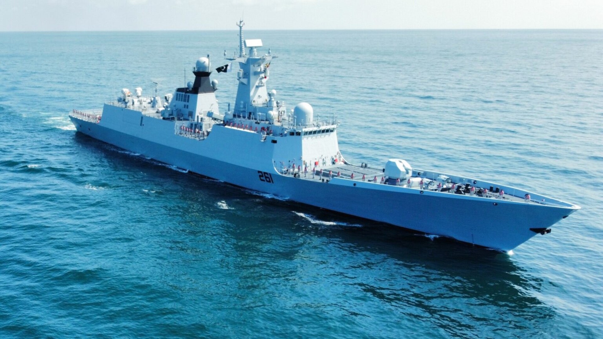 Pakistan Navy Tughril-class Type 054A/P frigate PNS Tughril F-261 at sea carrying imported CM-302 anti-ship missiles