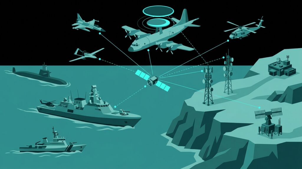 Quwa-style monochrome teal vector illustration of a network-centric warfare C4ISR architecture showing interconnected platforms across sea, air, land, and space domains