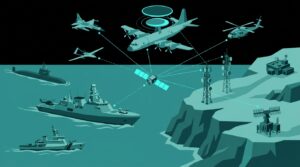 Quwa-style monochrome teal vector illustration of a network-centric warfare C4ISR architecture showing interconnected platforms across sea, air, land, and space domains