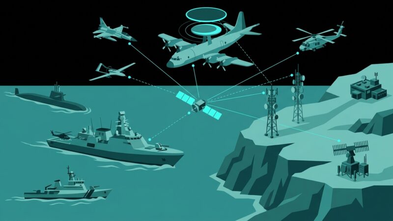 Quwa-style monochrome teal vector illustration of a network-centric warfare C4ISR architecture showing interconnected platforms across sea, air, land, and space domains