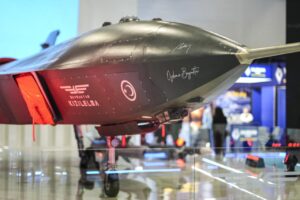 Bayraktar Kızılelma unmanned combat aircraft UCAV display SAHA 2026 Istanbul Expo Center Turkish defence industry jet-powered stealth low-observable AESA radar fifth-generation