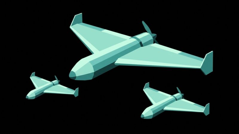 Quwa-style monochrome teal illustration of three Iranian Shahed-136 one-way attack drones in formation