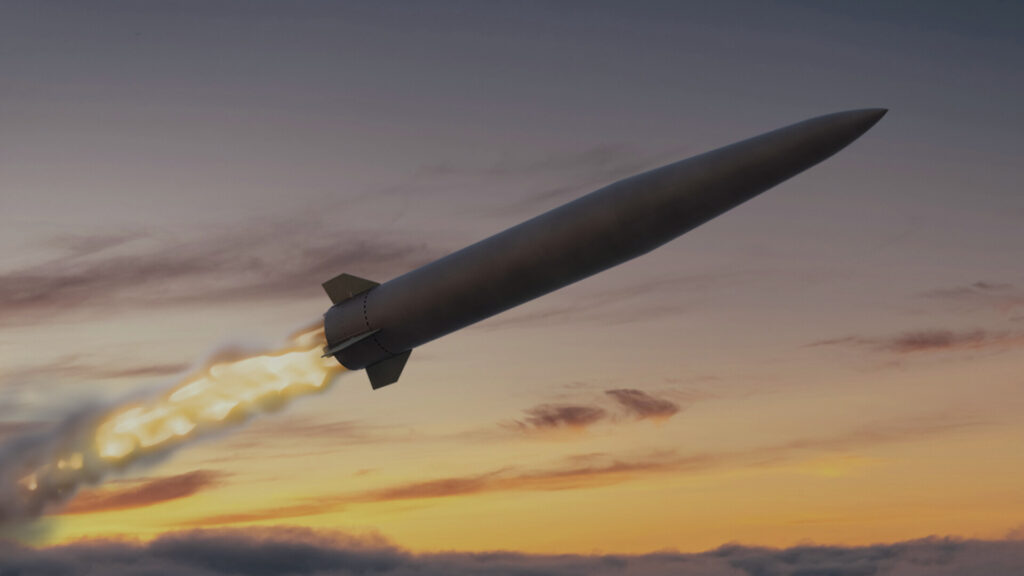 Fire Point FP-9 ballistic missile climbing through dusk clouds on a powered launch, Ukraine's long-range strike weapon aimed at Moscow and St. Petersburg