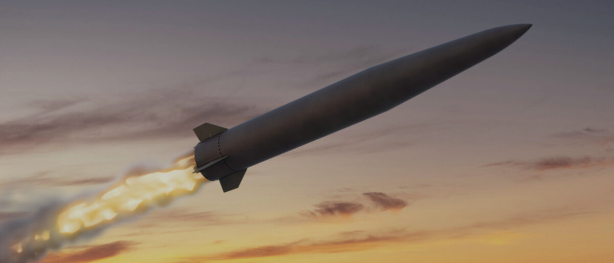 Fire Point FP-9 ballistic missile climbing through dusk clouds on a powered launch, Ukraine's long-range strike weapon aimed at Moscow and St. Petersburg