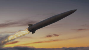 Fire Point FP-9 ballistic missile climbing through dusk clouds on a powered launch, Ukraine's long-range strike weapon aimed at Moscow and St. Petersburg