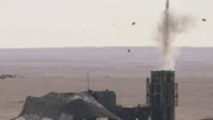 HQ-16F surface-to-air missile (SAM) test-fired from a vertical launcher during a PLA live-fire trial in the Gobi Desert