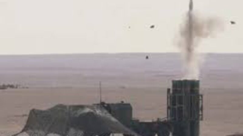 HQ-16F surface-to-air missile (SAM) test-fired from a vertical launcher during a PLA live-fire trial in the Gobi Desert