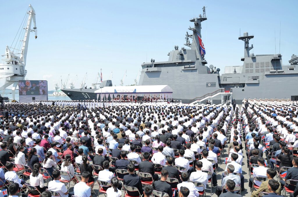 North Korea's Choe Hyon-class guided-missile destroyer Choe Hyon (51) during its commissioning ceremony at Nampho.