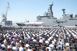 North Korea's Choe Hyon-class guided-missile destroyer Choe Hyon (51) during its commissioning ceremony at Nampho.