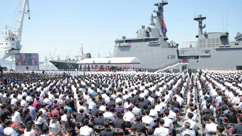 North Korea's Choe Hyon-class guided-missile destroyer Choe Hyon (51) during its commissioning ceremony at Nampho.