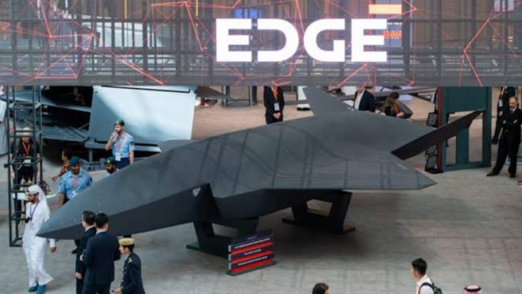 Photo of a mock-up of EDGE Group's ADASI Jeniah unmanned combat aerial vehicle.