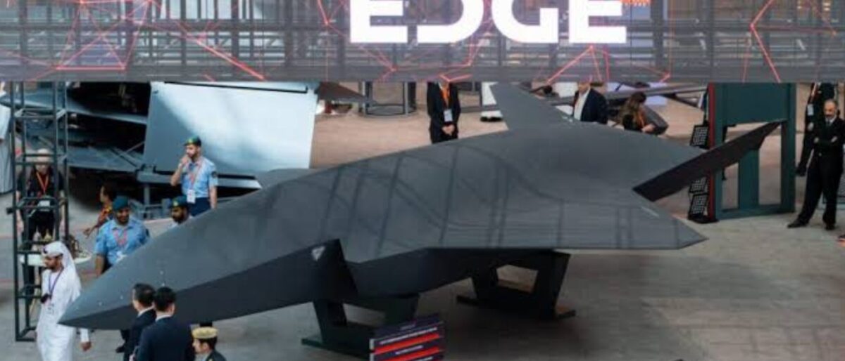 Photo of a mock-up of EDGE Group's ADASI Jeniah unmanned combat aerial vehicle.