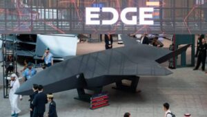 Photo of a mock-up of EDGE Group's ADASI Jeniah unmanned combat aerial vehicle.
