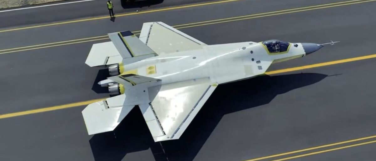 KAAN P1, the second prototype of Türkiye's KAAN fifth-generation fighter, seen from above during its first taxi test at Turkish Aerospace's Ankara facility.