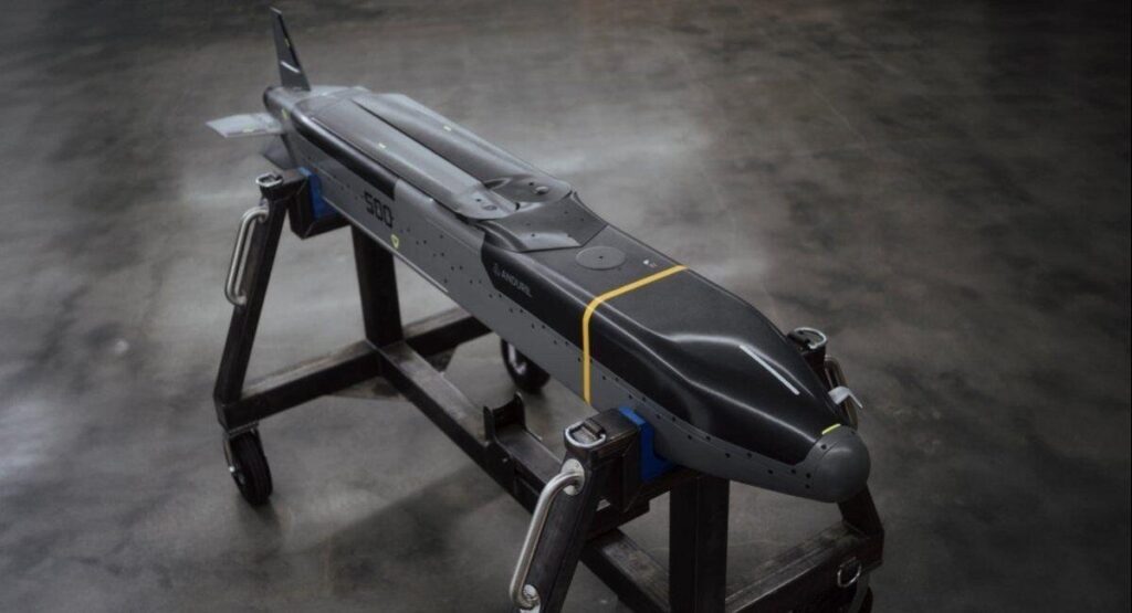 Anduril Barracuda-500M cruise missile on a display stand