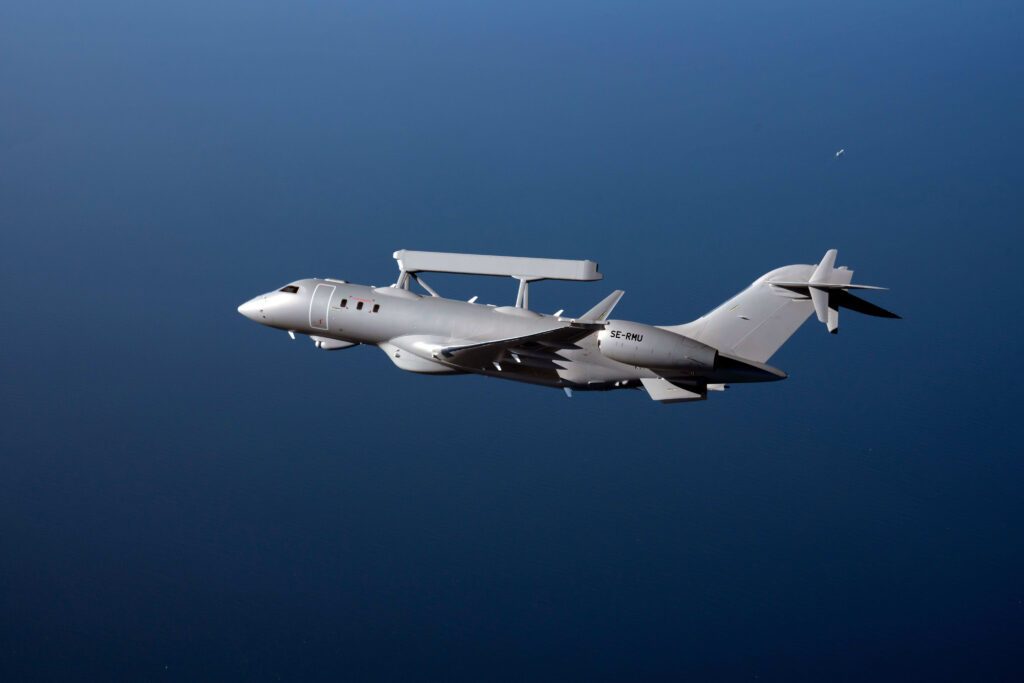 A Saab GlobalEye airborne early warning and control aircraft in flight