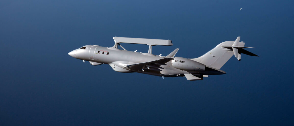 A Saab GlobalEye airborne early warning and control aircraft in flight