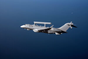 A Saab GlobalEye airborne early warning and control aircraft in flight