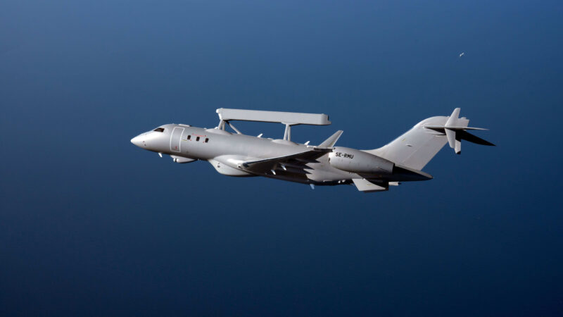 A Saab GlobalEye airborne early warning and control aircraft in flight