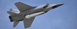 A Kh-47M2 Kinzhal air-launched ballistic missile carried by a Russian MiG-31K interceptor