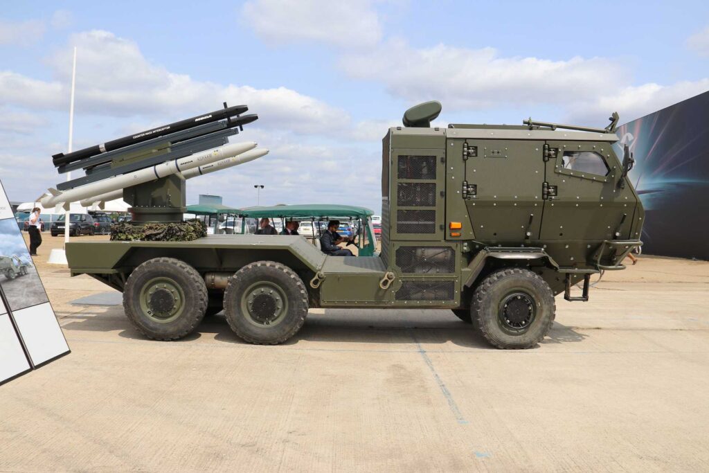 MBDA Counter Mass Interceptor and surface-launched ASRAAM launcher mounted on a 6x6 vehicle at the Farnborough International Airshow