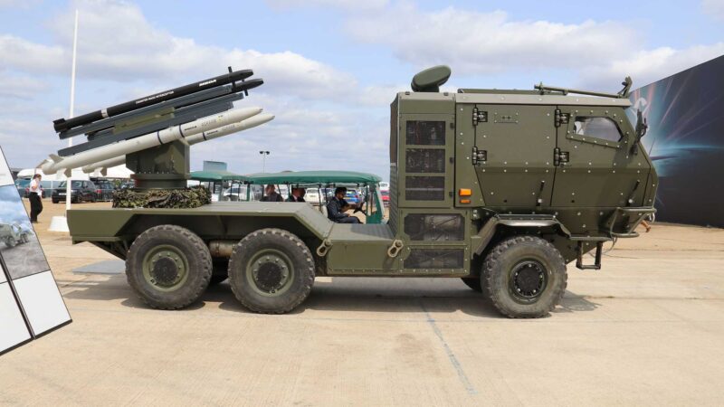 MBDA Counter Mass Interceptor and surface-launched ASRAAM launcher mounted on a 6x6 vehicle at the Farnborough International Airshow