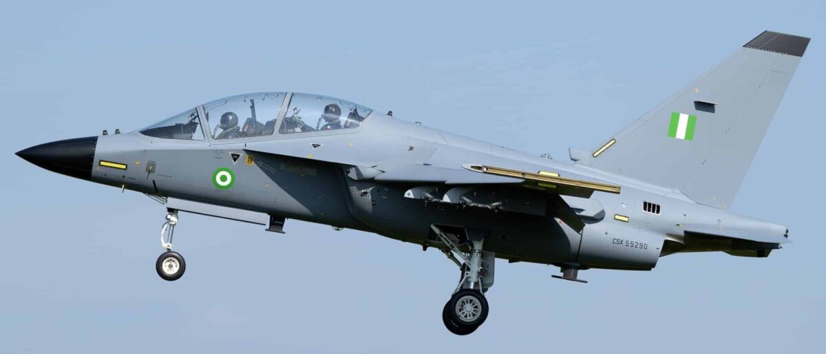 Nigerian Air Force Leonardo M-346FA aircraft in flight with full NAF livery