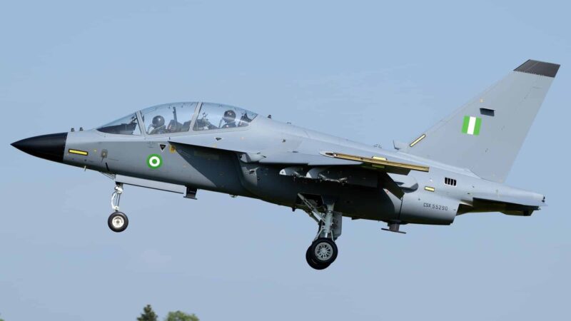 Nigerian Air Force Leonardo M-346FA aircraft in flight with full NAF livery