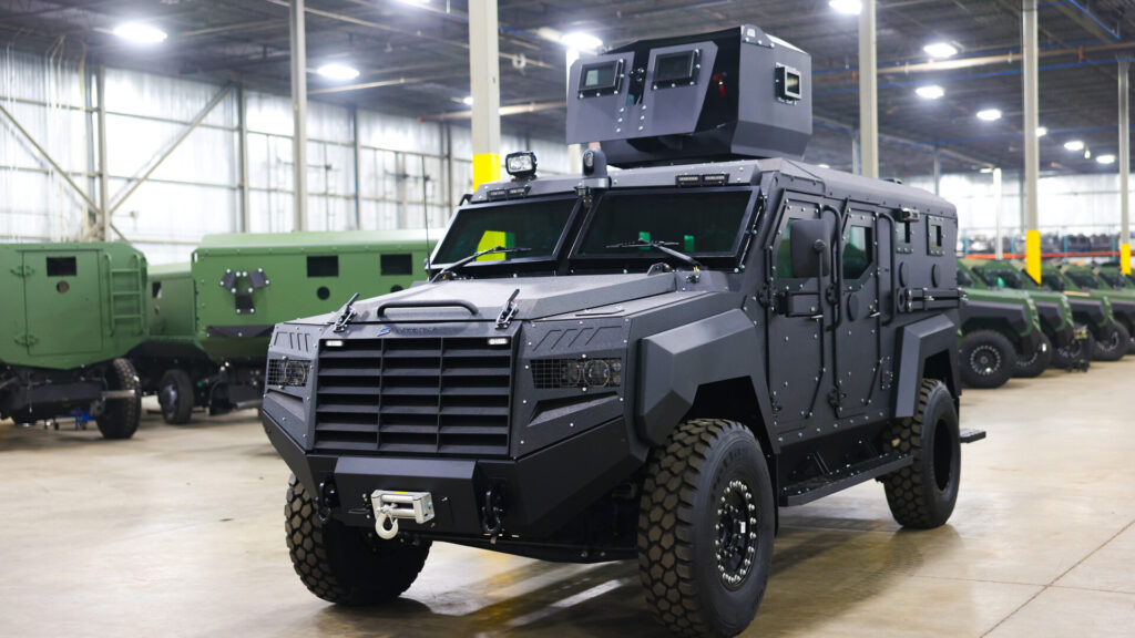 Roshel Senator armoured vehicle on the production floor at the company's Brampton, Ontario facility
